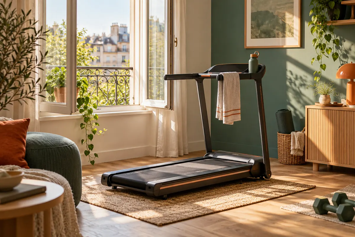 Tapis de course dans un coin d’appartement avec une fenêtre ouverte, une bouteille d’eau et une serviette
