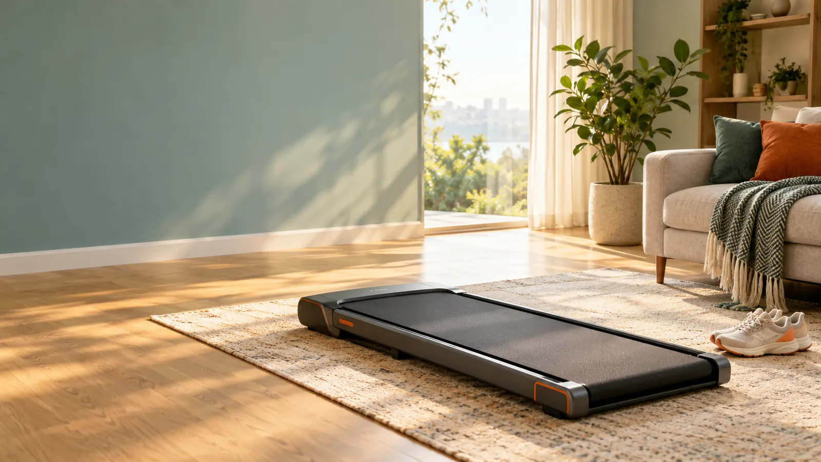 Tapis de marche pliable dans un salon lumineux, baskets posées à côté, plante verte et lumière du matin